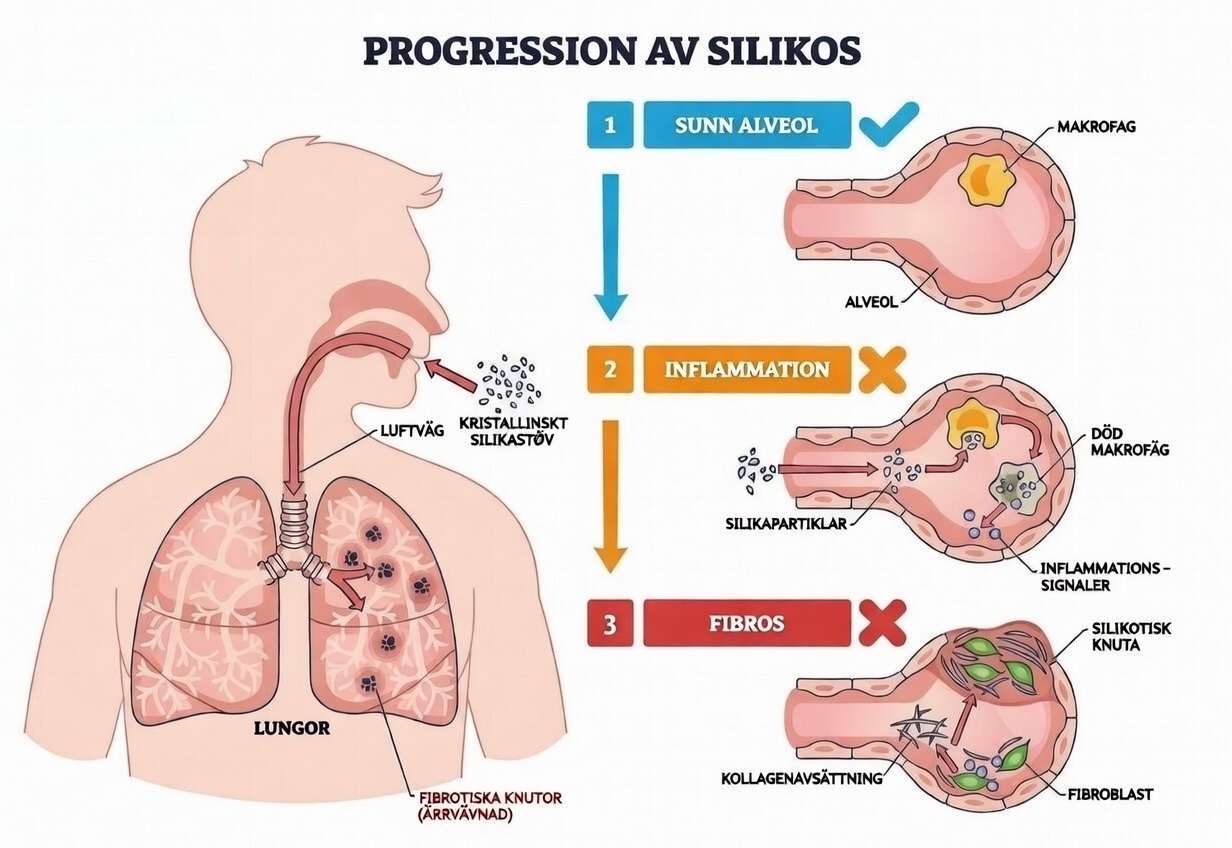 Långvarig exponering för kvartsdamm ökar risken för silikos (obotlig lungsjukdom), KOL, lungcancer och andra allvarliga luftvägssjukdomar